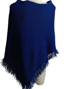 Small Vintage 1970s Womens Sweater Shawl Blue Cape Acrylic Net Woven Hippy Mod